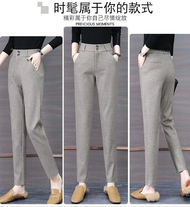 Fleece-Lined Pants for Women Herringbone Pattern Woolen Pants Fall