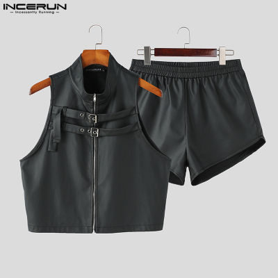 INCERUN เสื้อครอปครึ่งตัวหัวเข็มขัดโลหะร็อคสำหรับผู้ชาย2ชิ้นมีสไตล์ + กางเกงขาสั้น PU สูทหนังชุดตกแต่งรถจักรยานยนต์ (เสื้อผ้าลำลอง) #3