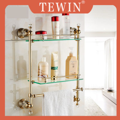 TEWIN Bathroom shelf crystal gold plated glass shelf with two layers of towel rack toilet shelf light luxury wind wub