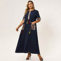 New Summer Maxi Dress Women Plus Size Deep Blue Loose Tassel Pockects O-neck Hemmed Half Sleeve Vintange Elegant Party Robe