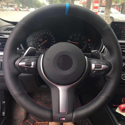 【YF】 Black Artificial leather Blue Marker Steering Wheel Covers for BMW M2 M3 F80 F82 M4 M5 F12 F13 M6 F85 F87 X5 X6 F33 F30 M Sport