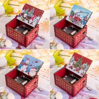 Red Merry Christmas Theme Music Box Carving Wooden Hand Crank Music Box Santa Claus New Year Christmas Gift for Children Friend