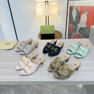 1:1 Original And Top Grade Quality 6 Color Womens Summer Fashion High-heeled Slippers Outer-Wear Thin-Heeled Pointed Toe Sandals With Original Gift Box