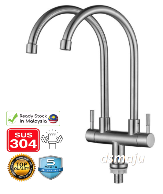 Double Head SUS 304 Stainless Steel Pillar Sink Tap Dual Head Kitchen Water Tap Kitchen Faucet