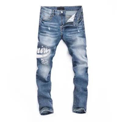 AMIRI High Street Fashion Men Jeans Blue Vintage Tight Fit Patch Trendy High Quality Hip Hop Men Jeans