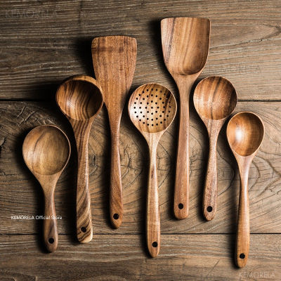 Teak Natural Wood Tableware Colander Spoon Ladle Turner Soup Long Scoop Skimmer Kitchen Tool 木制厨具 柚木天然木餐具漏勺勺子烹饪勺木制厨房工具