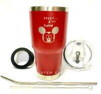 GF แก้วเยติ เก็บอุณหภูมิ ร้อน เย็น ลาย Mickey mouse มิกกี้เม้าส์  สีแดงขอบสแตนเลส ฟรี !!หลอดแสตนเลสพร้อมแปรงล้าง + ยางรองแก้ว(คละสี)