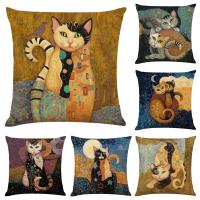 New Art Mural Cat Print Linen Pillowcase for Sofa Animal Design Vintage Pillow Covers 45x45cm Home Decorative Cushion Cover