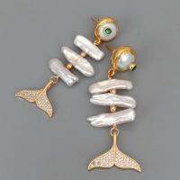 YYGEM Cultured White Biwa Freshwater Pearl Coin Pearl Cz pave Fish Shape Wrap Stud Earrings