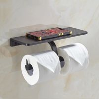 ∈♨ Black Aluminium Bathroom Roll Paper Holder Bath Mobile Phone Towel Rack Toilet Tissue Shelf Wall Mounted Nail Punched New