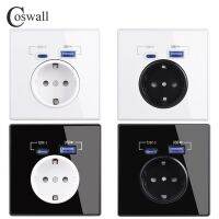 ♧☄◆ Coswall Type-C Interface Outlet Full Mirror Acrylic Panel Black White Wall EU Russia French Standard Socket With USB Charge Port