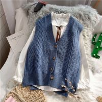 Three-piece womens autumn suits loose vest waistcoat sweater vest + student bow tie shirt + high waist jeans girl fashion suit