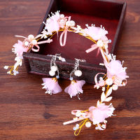 Flower Headband Pink Tassel Earring Set Flower Wreath Garland Headband for Wedding Festivals