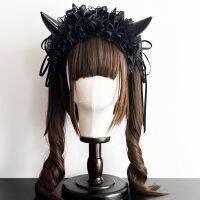 Dark black devil horn goth hairband multi-layered lace Halloween hard girl style lolita hair accessories