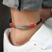 Vintage Leather Feather Anklet Mens Women Alloy Pendant Accessories Hand Made Red Black Soft Rope Bracelet Couple Gifts Jewelry