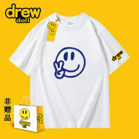 Drew Doll แบรนด์ร่วม2023ปีการ์ตูนหน้ายิ้มพิมพ์ลายแขนสั้นแบรนด์แฟชั่นเสื้อยืดชายหญิงรุ่นเดียวกันเสื้อยืดคู่เสื้อ