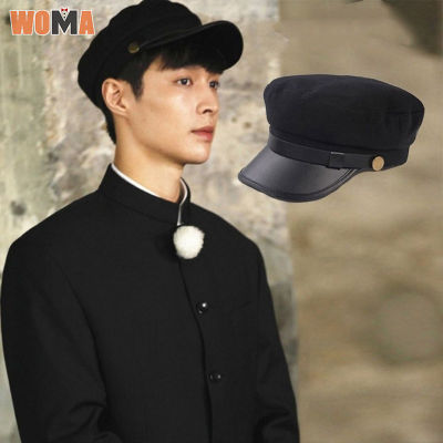 WOMA หมวกผู้ชายสไตล์อังกฤษวินเทจหมวกแบนเกาหลี,หมวกฉบับภาษาเกาหลีนักเรียนสั้นของผู้หญิงชายคาหมวกกัปตัน