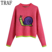 TRAF Za Pink Knitted Sweater Woman Animal Jacquard Vintage Sweater Pullover Women 2021 Long Sleeve Striped Winter Woman Jerseys