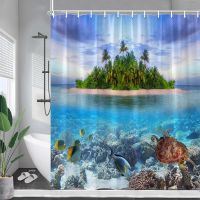 Island Ocean Landscape Shower Curtain Sea Turtle Fish Palm Trees Summer Nature Scenery Polyester Cloth Bathroom Decor with Hooks