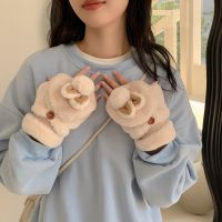 [COD] Upgraded winter cute rabbit flip half-finger womens plus velvet thickened to keep warm students cold-proof fingers