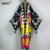 2023 WINYI ใหม่ผ้าฝ้ายความรู้สึกบิกินี่ Cover-Ups โบฮีเมียนพิมพ์ด้านหน้าเปิดยาว Kimono Kaftan Beach Cover Ups สำหรับชุดว่ายน้ำ Dresses