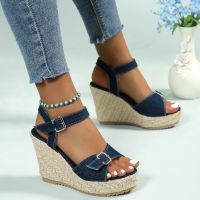 Women Denim Platform High Heeled Sandals Summer Fashion Open Toe Buckle Wedges Ladies Shoes 2023 New Platform Dressy Sandalias