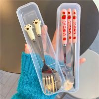 Korean Strawberry Cat Chopsticks Spoon Fork Cutlery Set with Case Portable Travel Stainless Steel Tableware Set Kitchen Utensils Flatware Sets