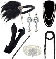 Ecoparty 1920S อุปกรณ์เสริมชุดเครื่องแต่งกาย Gatsby Feather Headband ต่างหูถุงมือสร้อยข้อมือต่างหูดูไบชุดเครื่องประดับ15