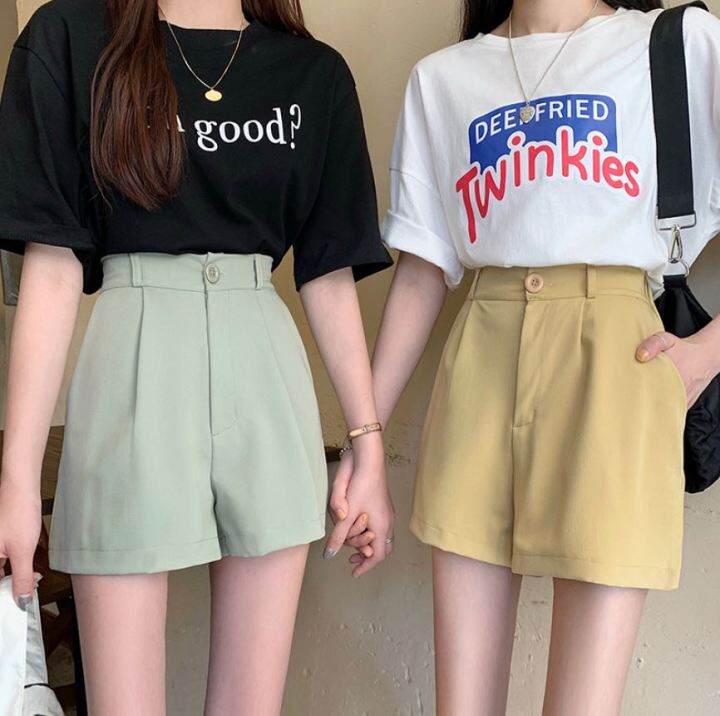 พร้อมส่ง-ล้างสต๊อก-fashion-shorts-กางเกงขาสั้นแฟชั่น-5610-กางเกงสีพื้น-เอวสูง-สม็อคหลัง-ทรงหลวม-วินเทจ