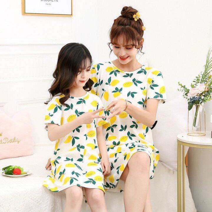 ready-stock-cotton-kids-dress-korean-girl-nightdress-short-sleeve-kids-pyjamas-girl-pajamas-parent-child-dress-baby-girl-dress-mom-dress-mother-and-daughter-sleepwear-nightwear-kids-sleepwear