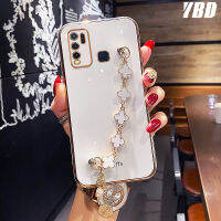 YBD เคสโทรศัพท์ชุบโลหะขอบตรงสำหรับ Vivo,เคสป้องกันกล้องที่แม่นยำพร้อมสร้อยข้อมือโคลเวอร์สี่ใบสำหรับเด็กผู้หญิงปี Y30 Y30i Y50