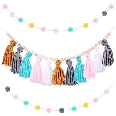 Boho Tassel Garland Tassel Wall Hanging Decor Pastel Tassel Banner with Wood Beads and 2 Pieces Colorful Pom Pom