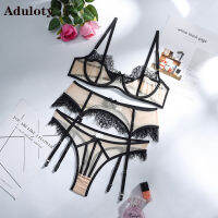 Aduloty Hot Selling Net Gauze Eyelashes Fashion y Lingerie Underwear Transparent Perspectiveh Garter Thong Gathered Bra 3pcs