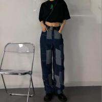 เสื้อแขนยาว Plaid Plaid Breasted Jeans Ladies Loose High Waist Straight Slim Slit Long Pants