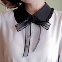 M7DD Korean Women Elegant Gauze Ribbon Bowtie False Collar Office Lady Ruffles Lapel Half Shirt Blouse Detachable Dickey