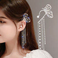 [Cutewomen2020] คริสตัลผีเสื้อหูยาว Tassels Pearl Charm Hollow ต่างหูโดยไม่ต้องเจาะผู้หญิงเครื่องประดับ