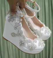 ☫ Crystal Queen Rhinestone Wedding Shoes Bride Wedges Clear Christmas Day Evening Party 10cm High Heels