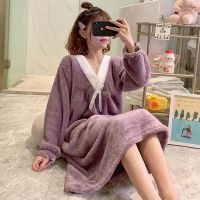 Nightdress Womens Kawaii Winter Warm Flannel Sweet Thick Coral Bow Velvet Long Sleeve Sleepwear Flannel Pajamas Night Dresses