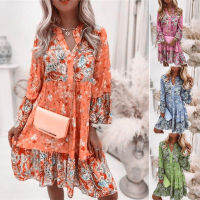 Womens Print Loose Ladies Casual Shirt Dresses Dress V-neck