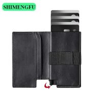【CW】❐☼  Fashion Metal Aluminum Leather ID Card Holder Multi-Function Designer Bank Men Wallet Business Pop-Up Cardholder
