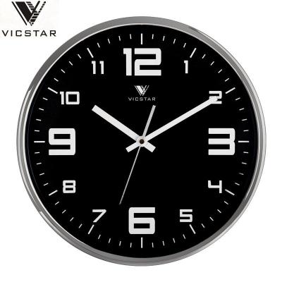 VICSTAR นาฬิกาแขวนผนังดิจิตอลแบบสามมิติลายนูนวงกลมเงียบ14นิ้วพร้อมกรอบชุบโลหะนาฬิกาทันสมัยและสร้างสรรค์