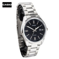 Velashop นาฬิกาข้อมือผู้ชาย Casio สายสเเตนเลส สีเงิน/หน้าปัดดำ รุ่น MTP-1302D-1A1VDF, MTP-1302D-1A1, MTP-1302D