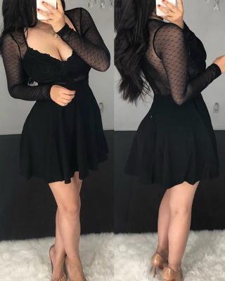 2020 Women Fashion Sexy V neck Black Party Club Dot Mesh Dress Long Sleeve Mini Dress