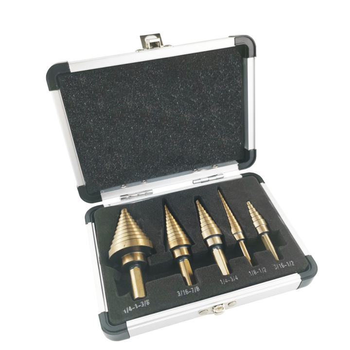 allsome-5pcs-metricinch-hss-cobalt-step-drill-bit-set-multiple-hole-50-sizes-with-aluminum-case