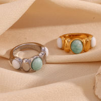 Fashionable Style Ring Stainless Steel Plated 18K Oval Tianhe Stone White Jade Contrast Ring Female 4JV6