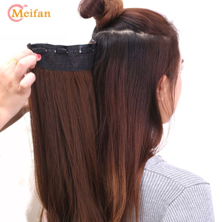 meifan100cm-ชิ้นผมปลอมยาวตรงธรรมชาติ5คลิปในเส้นผมต่อผมทนความร้อนได้ผมปลอมสีน้ำตาลดำ