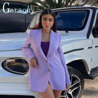 Garaouy2022Spring Women Purple Blazer Trousers Two Piece Set Notched Collar Buttons Jacket Pants Elegant Chic Office Ladies Suit