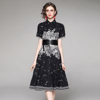 Runway Floral Printing Fall Shirt Vintage Dress 2021 Women Elegant Long Sleeve Bow Tie Collar High Waist Pleated Midi Vestidos