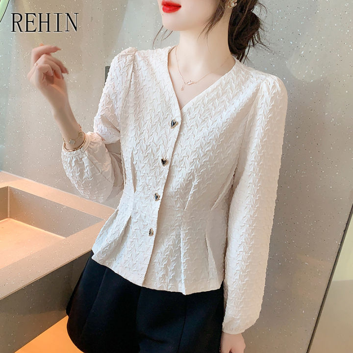 rehin-ผู้หญิงฤดูใบไม้ร่วงใหม่เวอร์ชั่นเกาหลีของช่วงกว้างคอวีแขนฟองเสื้อแขนยาวเสื้อแนวโน้ม