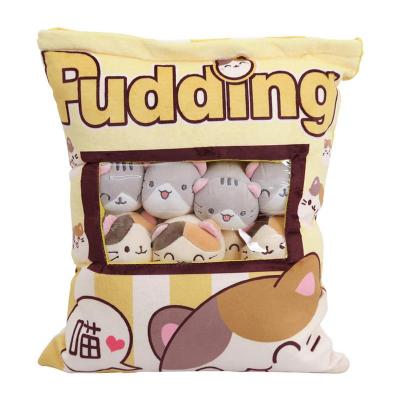 Pudding Snack Pillow Cat Throw Pillow With Removable Stuffed Animal Toys Creative 8Pcs Snack Zipper Bag Decor Cushion For Girls